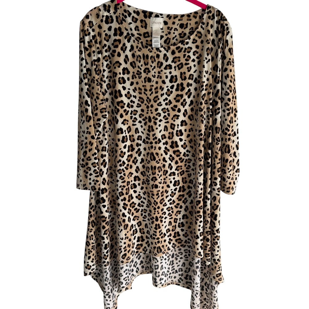 CHICO'S Brown Tan Animal Leopard Print Exotic Party Ladies Hi-Lo Ladies Tunic, L